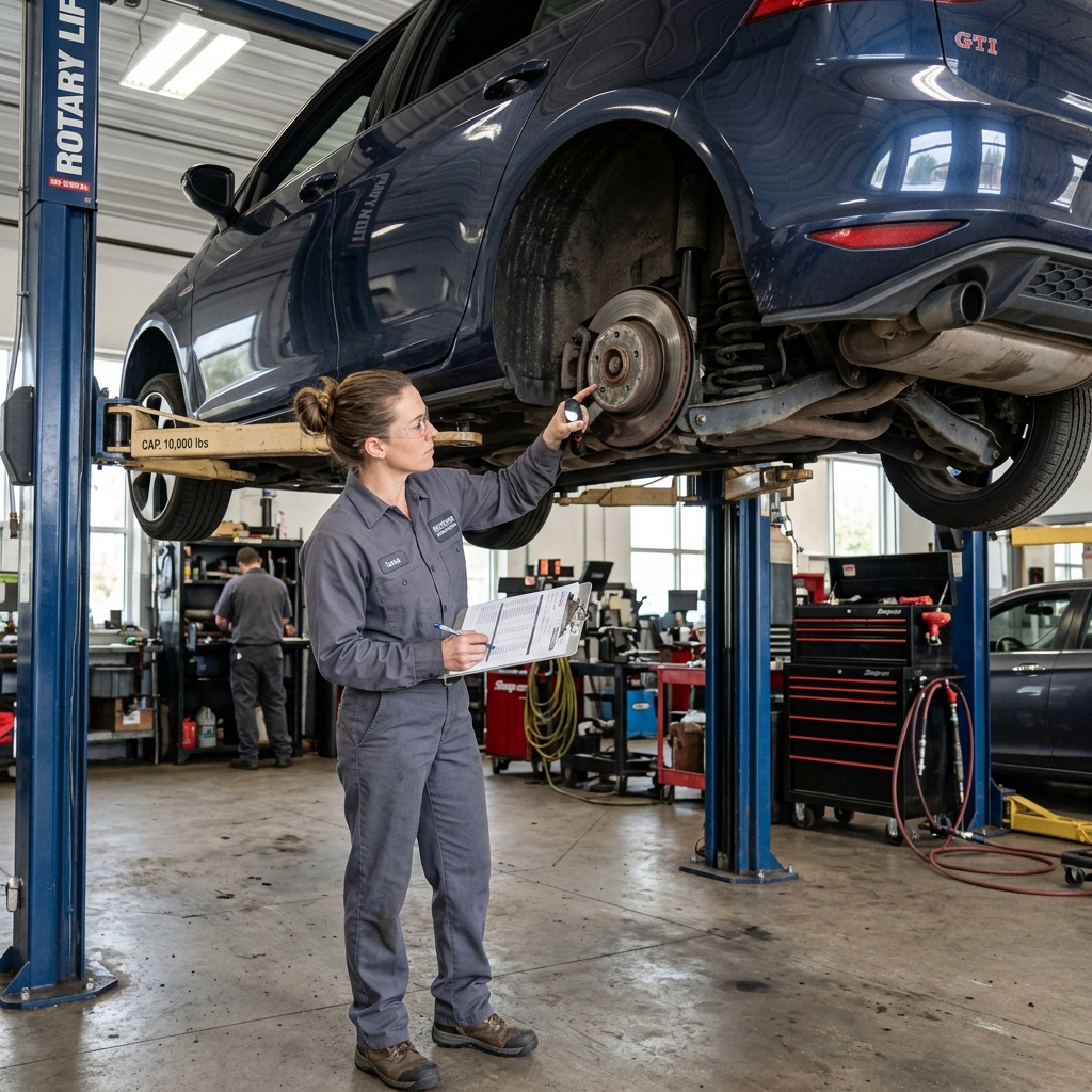 Auto repair technician with clipboard inspecting a car on a lift, checking brake system and wheel components in a garage
