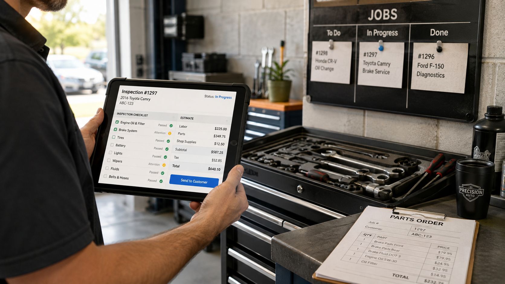 A technician holds a digital tablet displaying an auto repair inspection checklist and job estimate in a shop.
