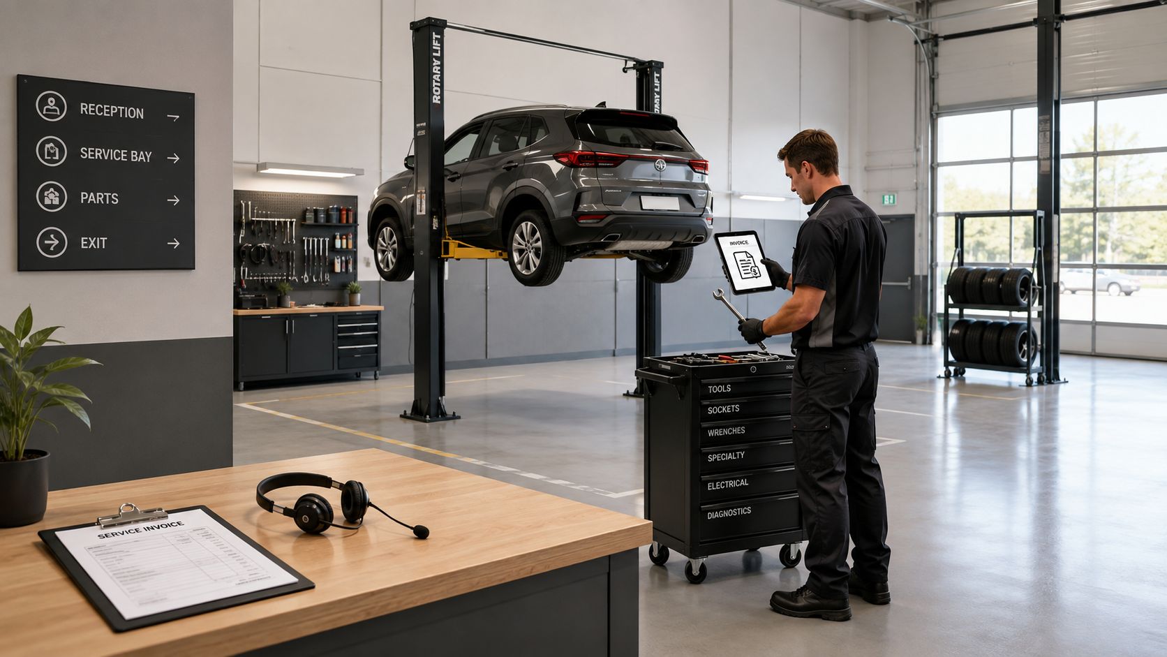 A professional mechanic checking an invoice on a tablet next to a car raised on a lift.