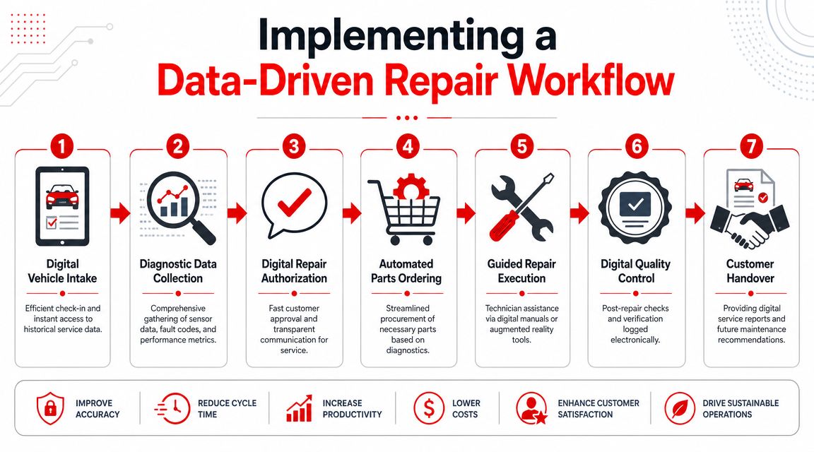 A seven-step flowchart illustrating an efficient data-driven process for modern automotive vehicle repair and service.
