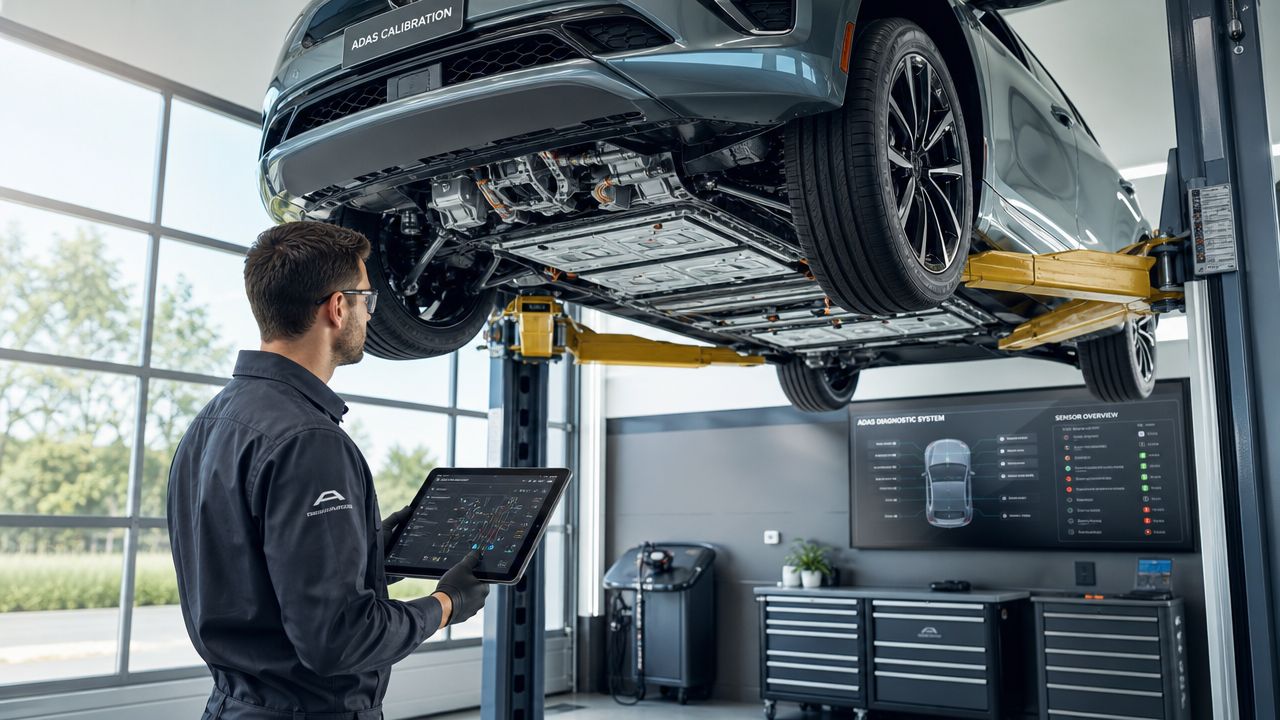 A technician using a tablet to calibrate ADAS systems on an electric vehicle raised on a lift.