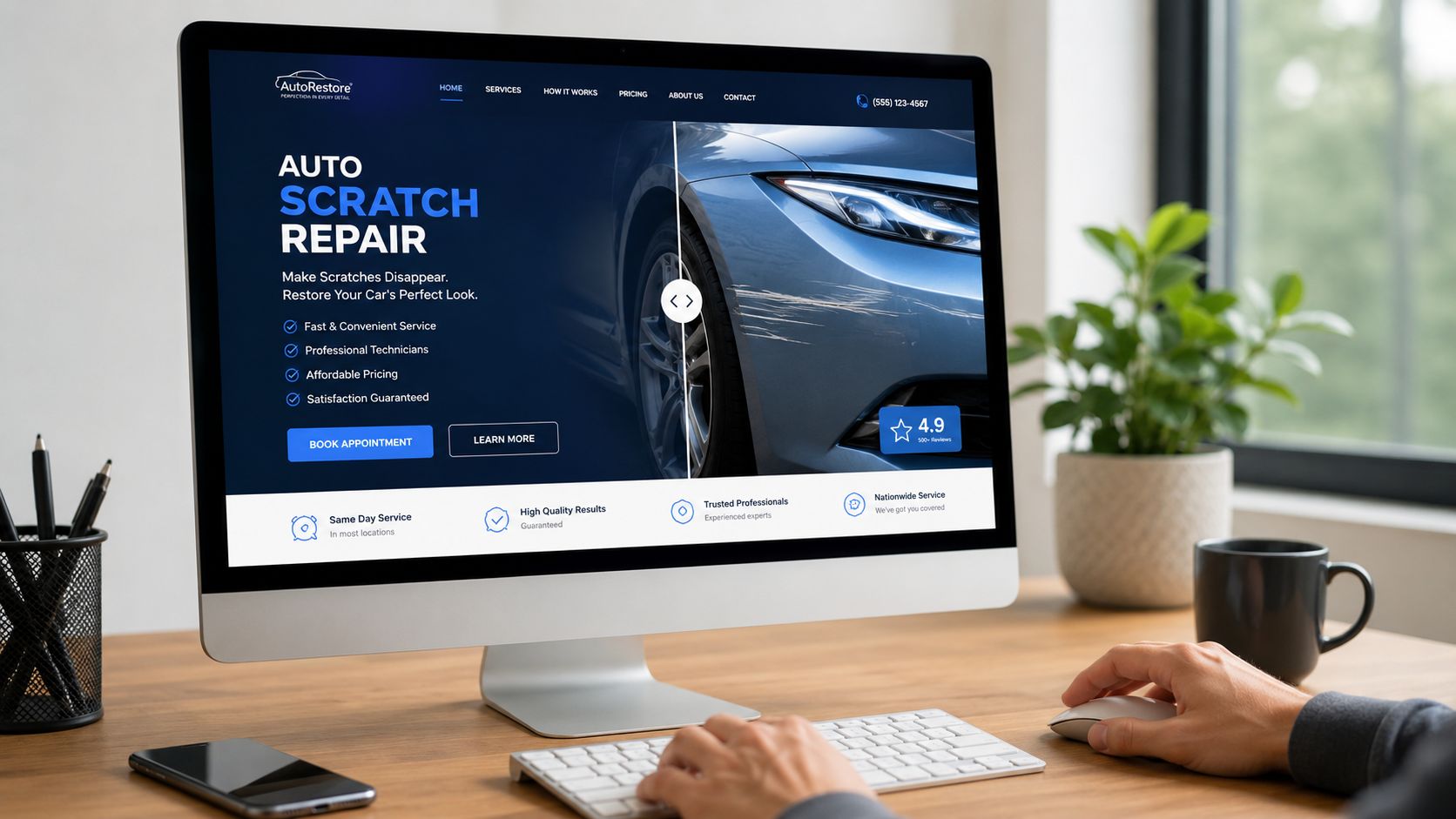 A computer screen showing an auto scratch repair website with a car before and after demonstration.