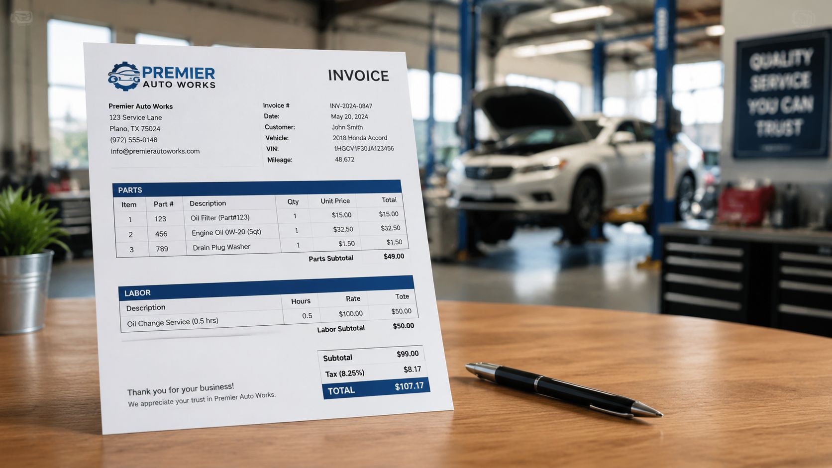 A printed Premier Auto Works repair invoice on a wooden desk inside an auto repair shop.