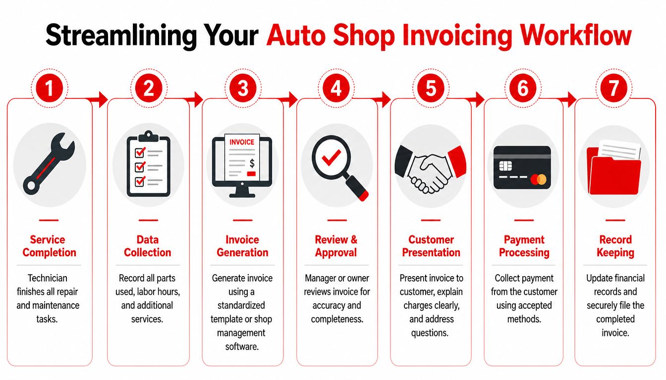 A 7-step infographic flowchart illustrating the professional workflow for managing auto shop invoicing and documentation.