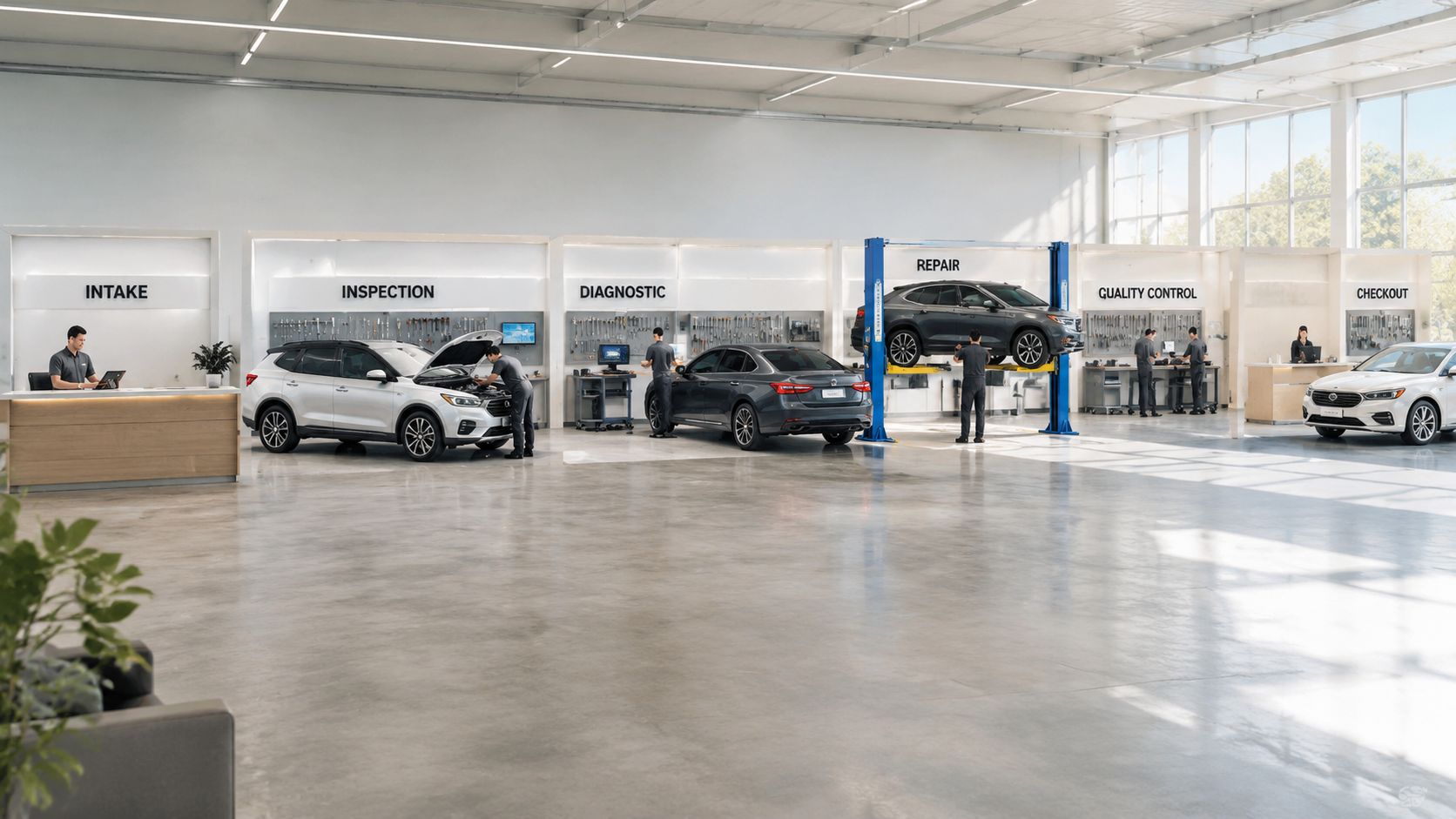 A modern, bright auto repair shop featuring several service stations from intake to checkout with technicians working.
