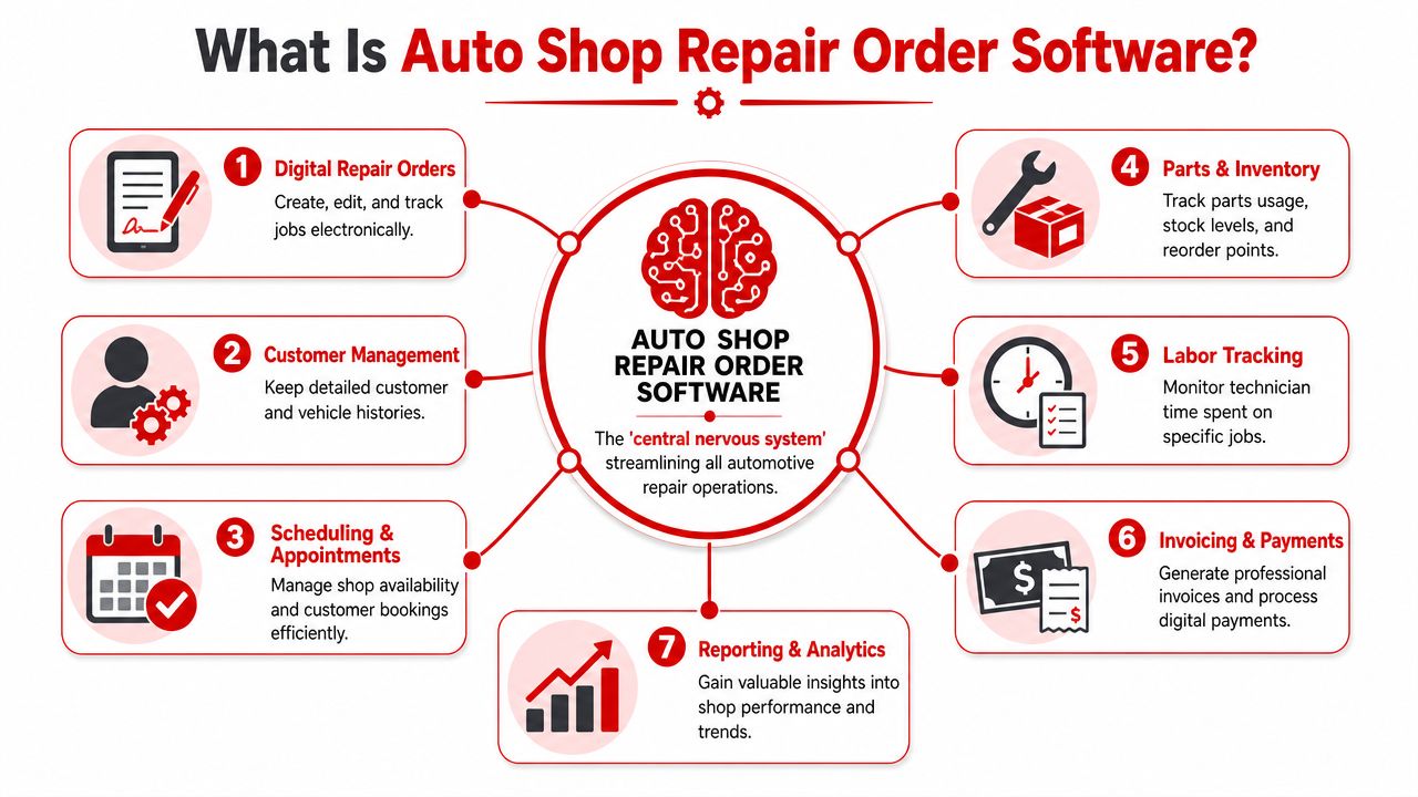 An infographic explaining the key features and benefits of using professional auto shop repair order software solutions.