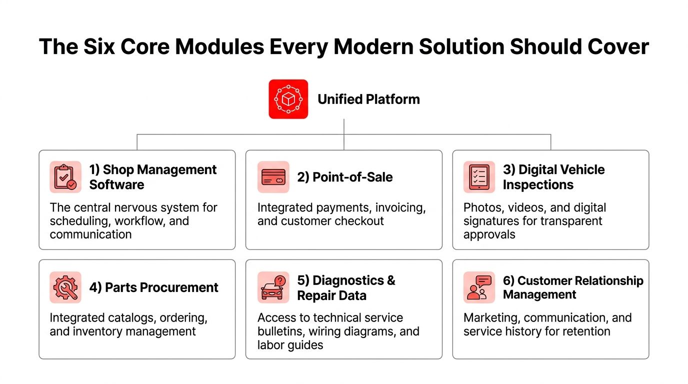 A diagram illustrating the six core software modules needed for a modern auto repair shop solution.
