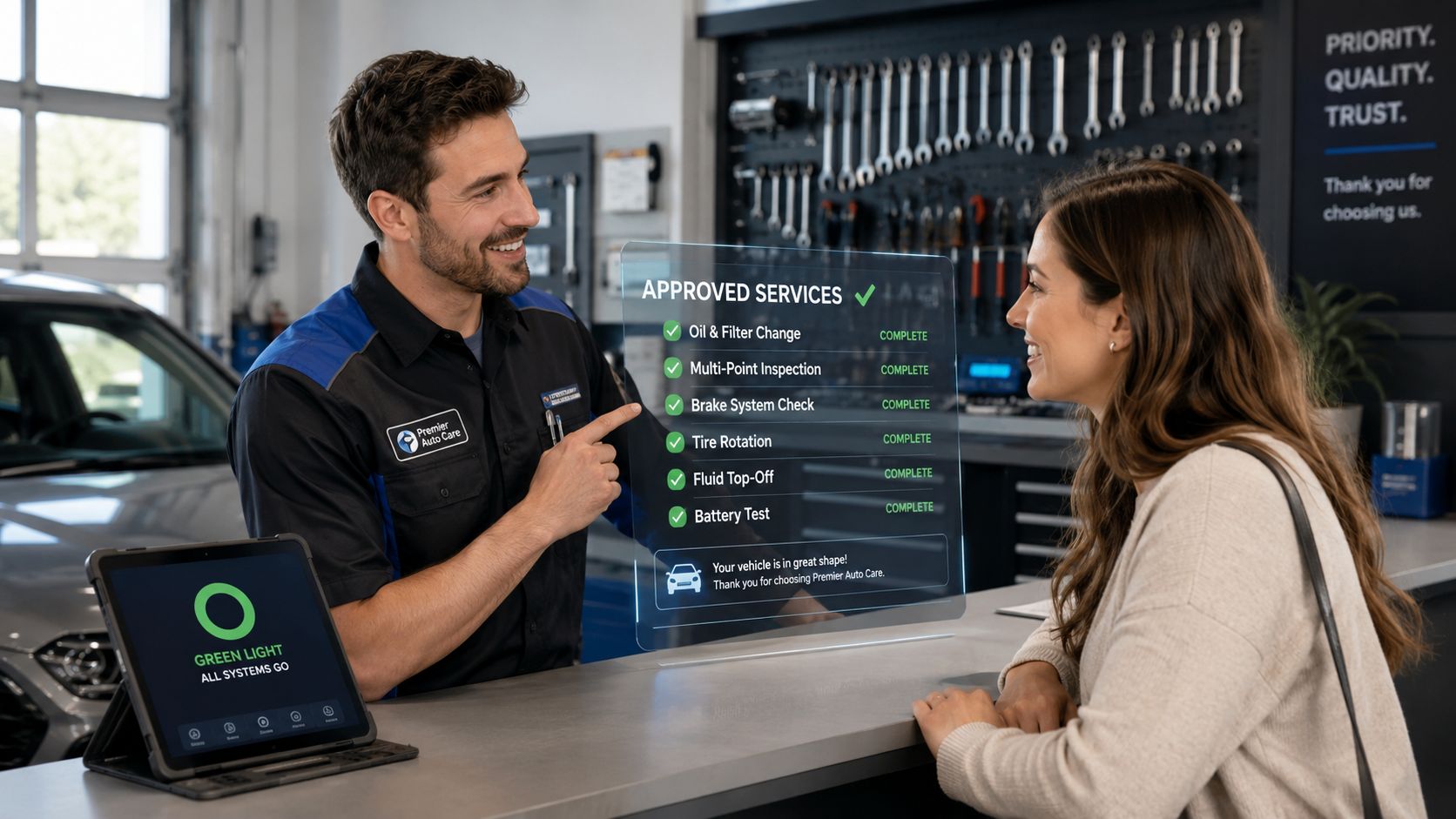 A friendly auto mechanic discusses completed maintenance services on a digital tablet screen with a female customer.