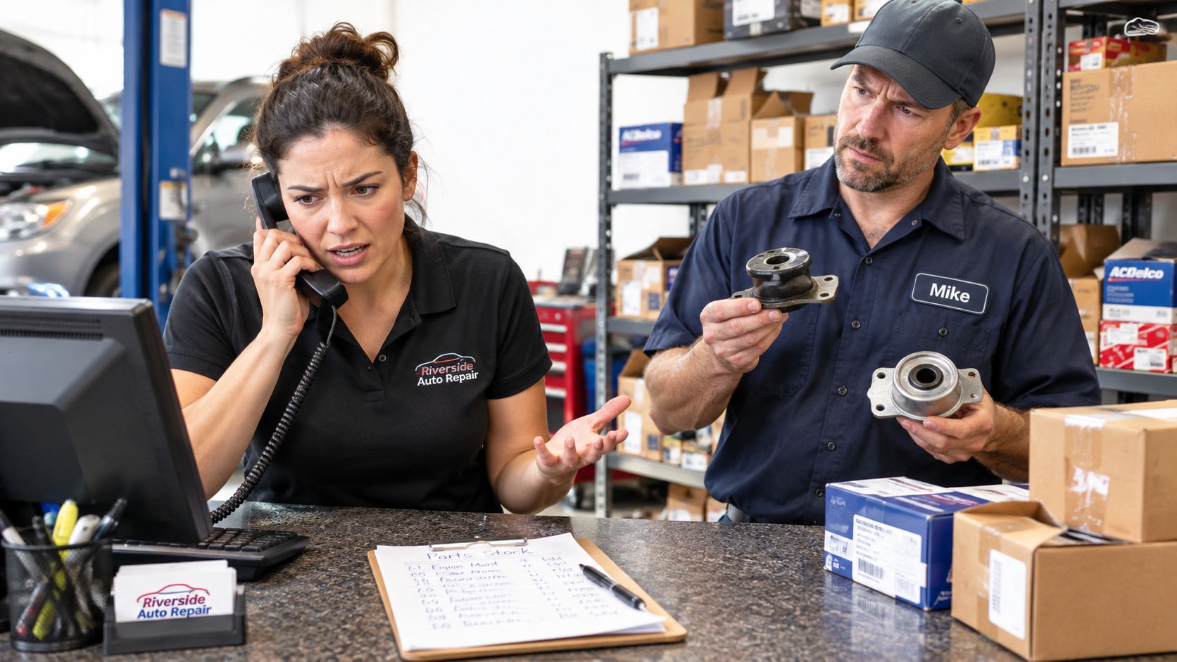 A service advisor and a mechanic discuss car part inventory at a busy auto repair shop counter.