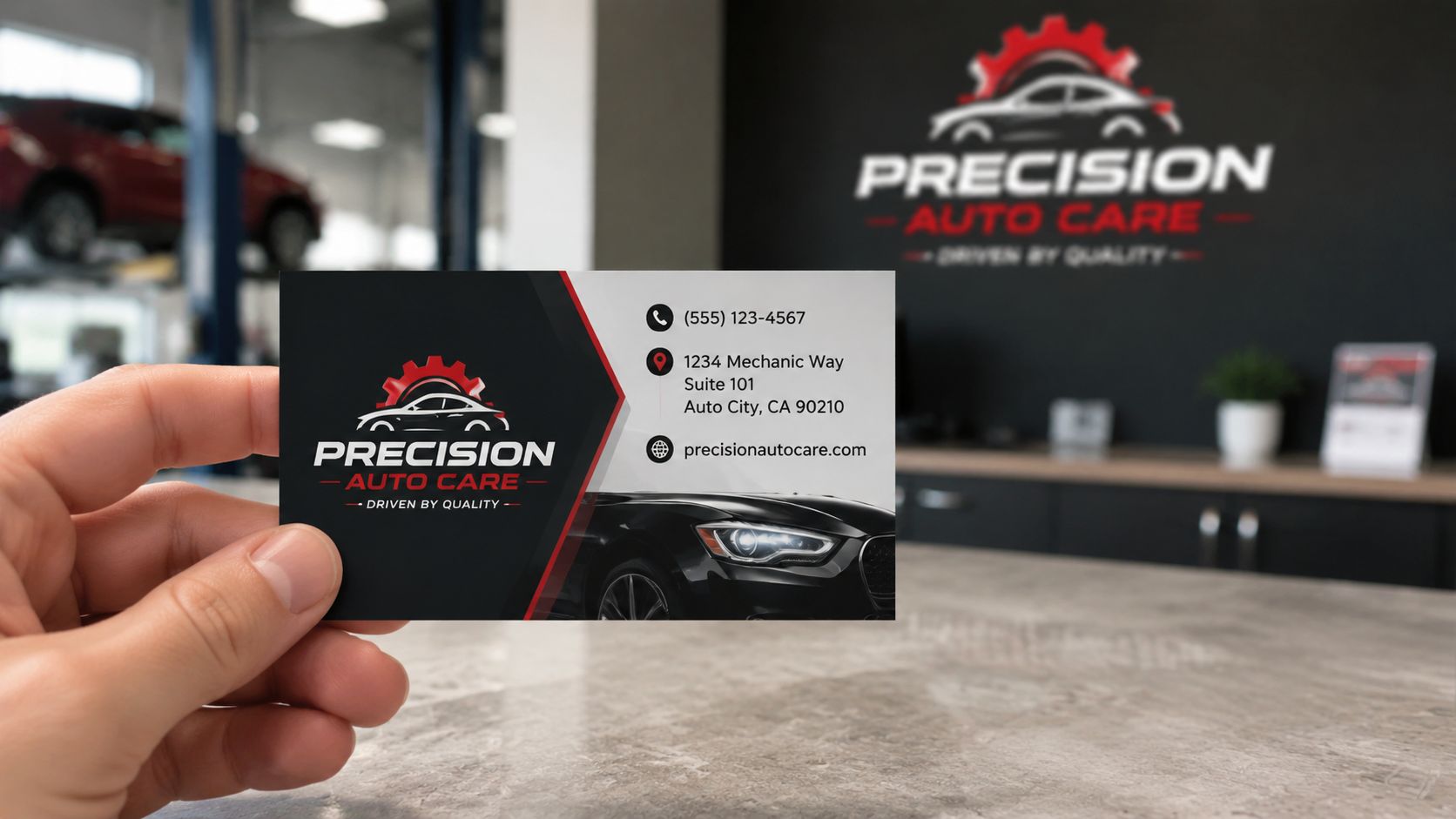A hand holding a professional automotive business card for Precision Auto Care in an auto shop setting.