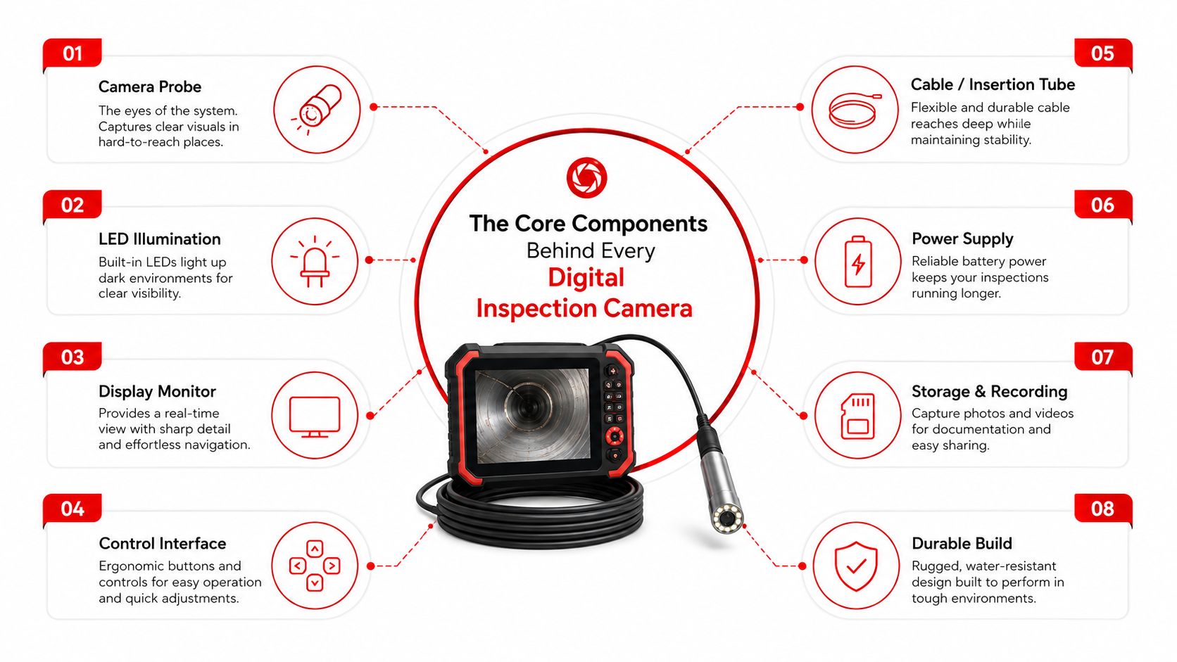 An infographic detailing the eight core components of a professional digital inspection camera for industrial use.