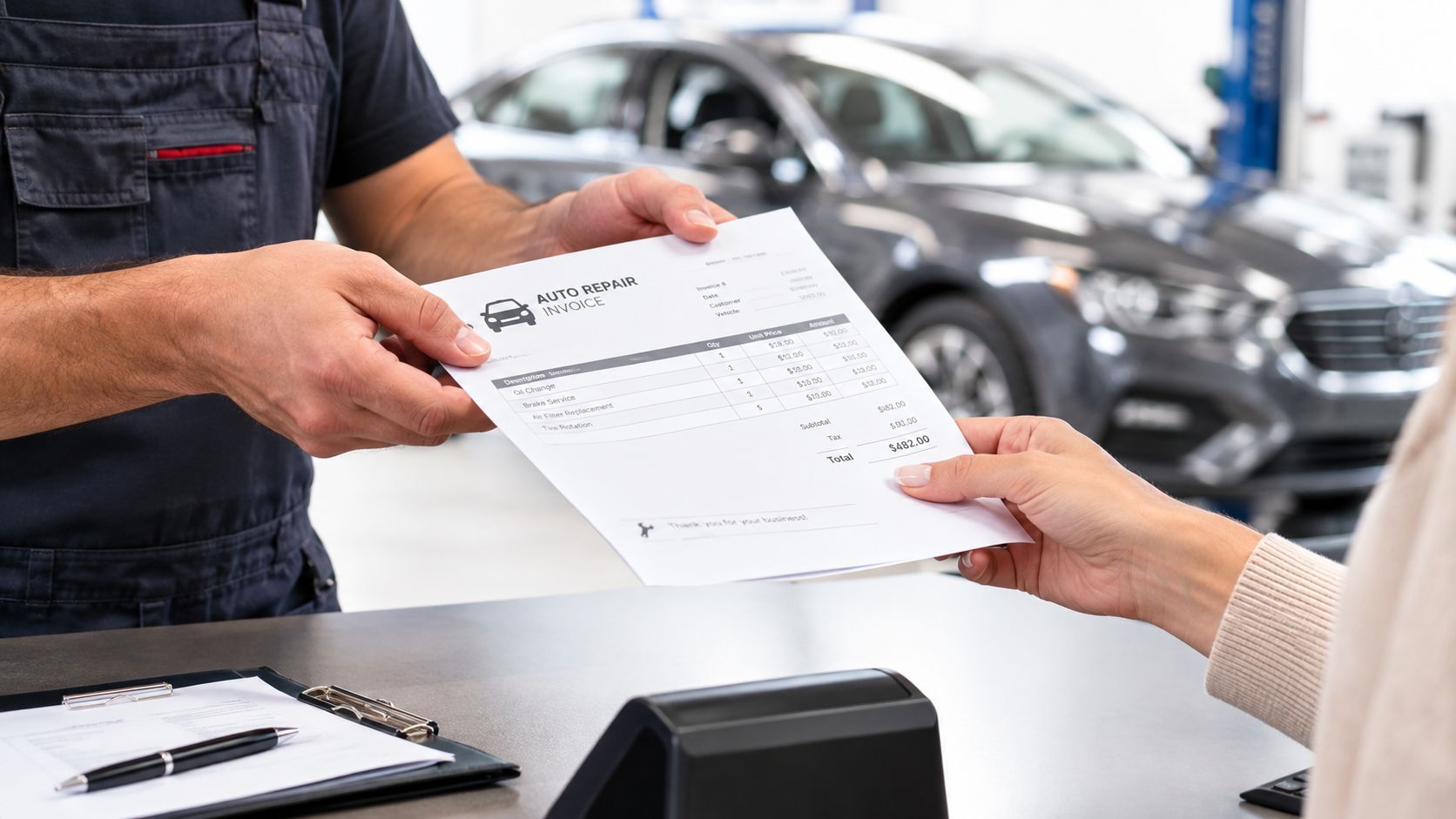 A professional mechanic handing an auto repair invoice to a customer at a service desk.