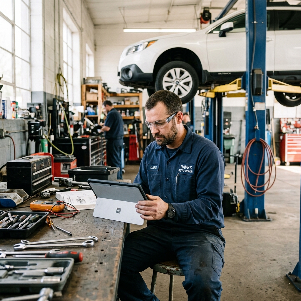 automotive technician at a workbench using a tablet to search a diagnostic database for a car repair confirmed fix