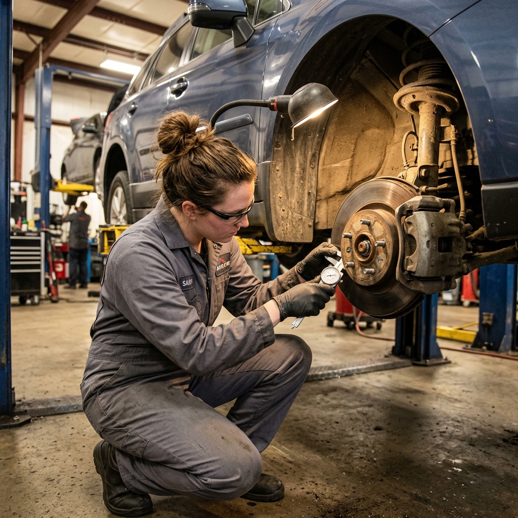 Automotive technician inspecting brake rotor and caliper on a lifted vehicle in a professional repair shop bay.