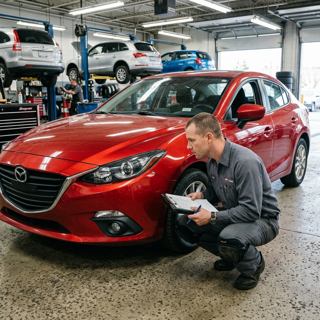 automotive technician inspecting car exterior lights and body panels during a professional vehicle safety inspection