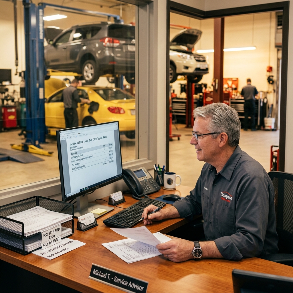 automotive technician reviewing a detailed repair invoice on a desktop computer at a professional auto repair shop service desk