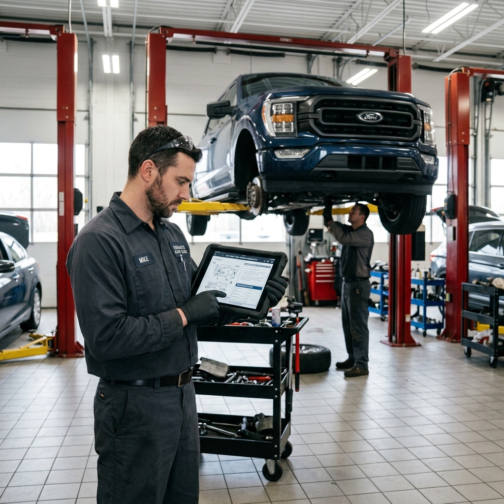 Automotive technician reviewing digital repair cost database on a tablet beside a lifted car in a repair shop