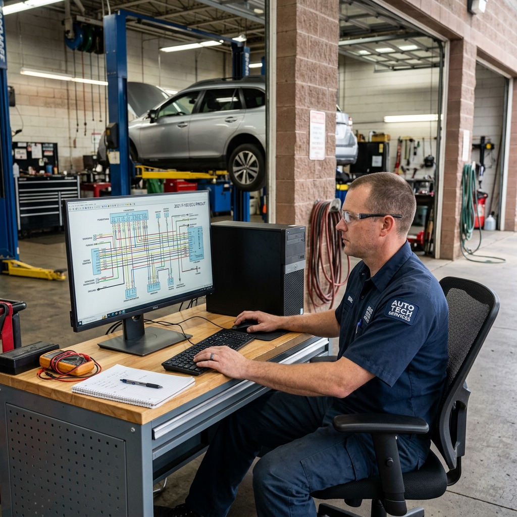 automotive technician using a desktop computer to view OEM wiring diagrams and technical service bulletins in a repair shop