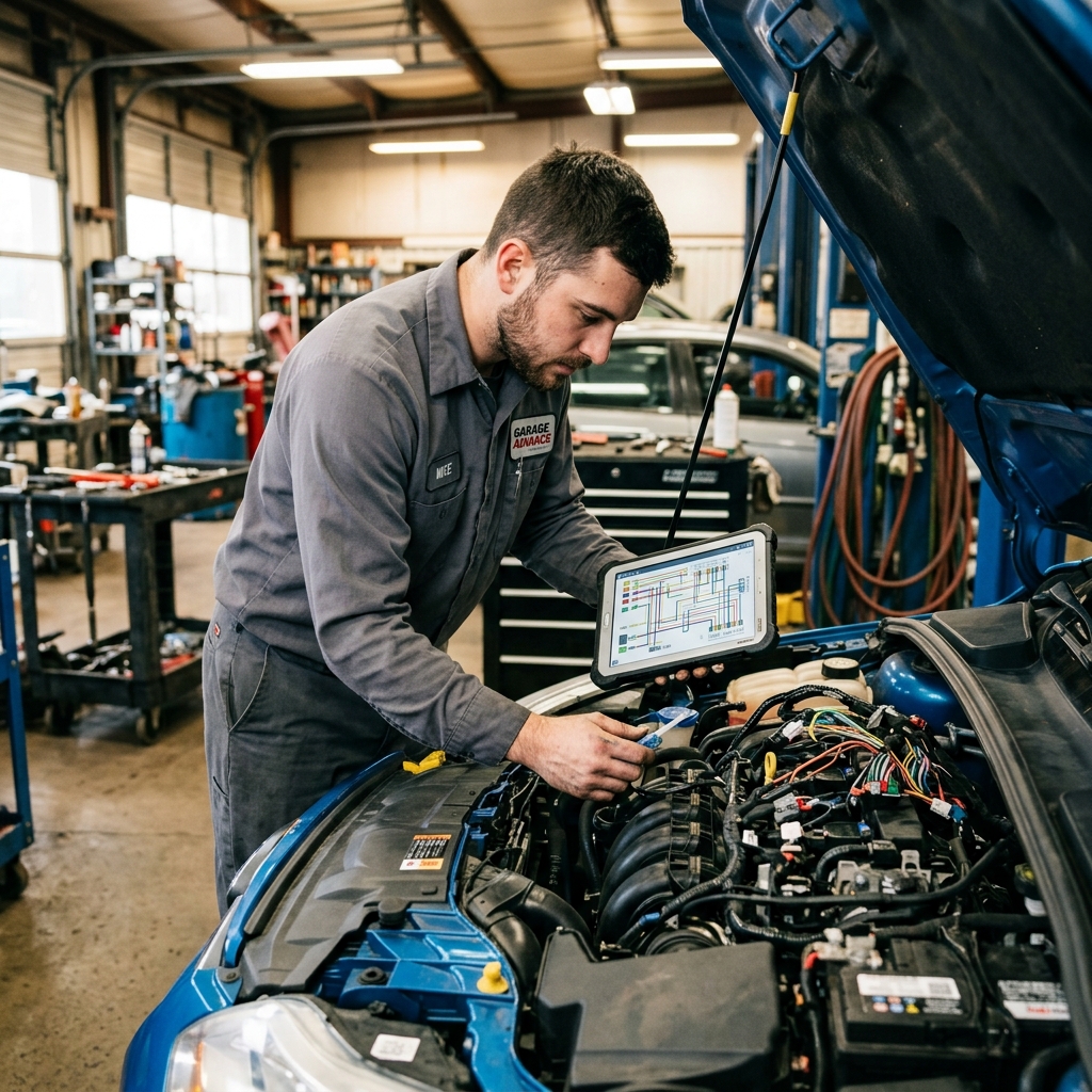 automotive technician using a tablet to read a wiring diagram while tracing electrical wires in a car engine bay