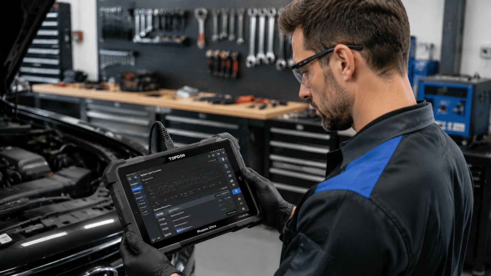 A professional automotive technician using a TOPDON Phoenix Ultra diagnostic scanner to inspect a car engine.