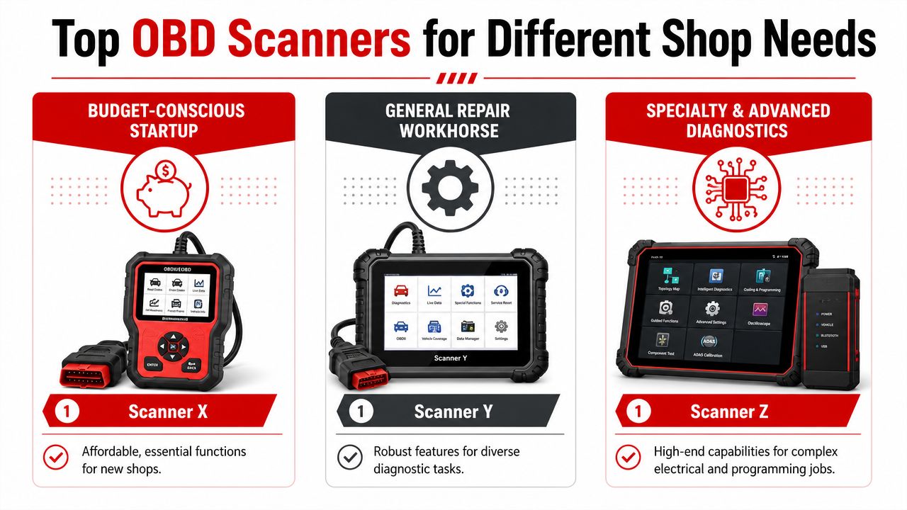 A comparison chart showing three types of OBD scanners for different automotive shop diagnostic needs and budgets.