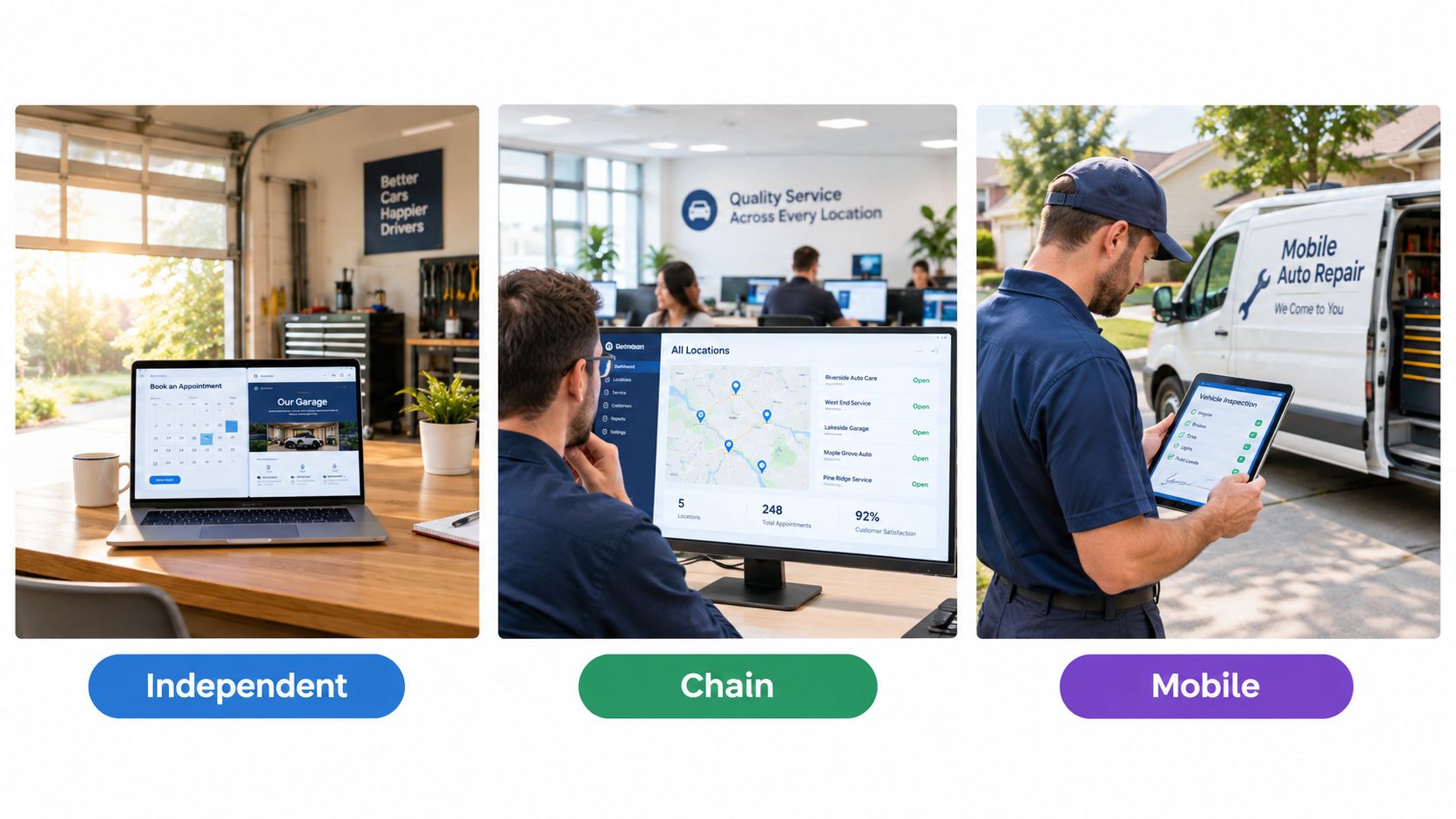 Three different automotive business models including independent, chain, and mobile repair services utilizing digital management software solutions.