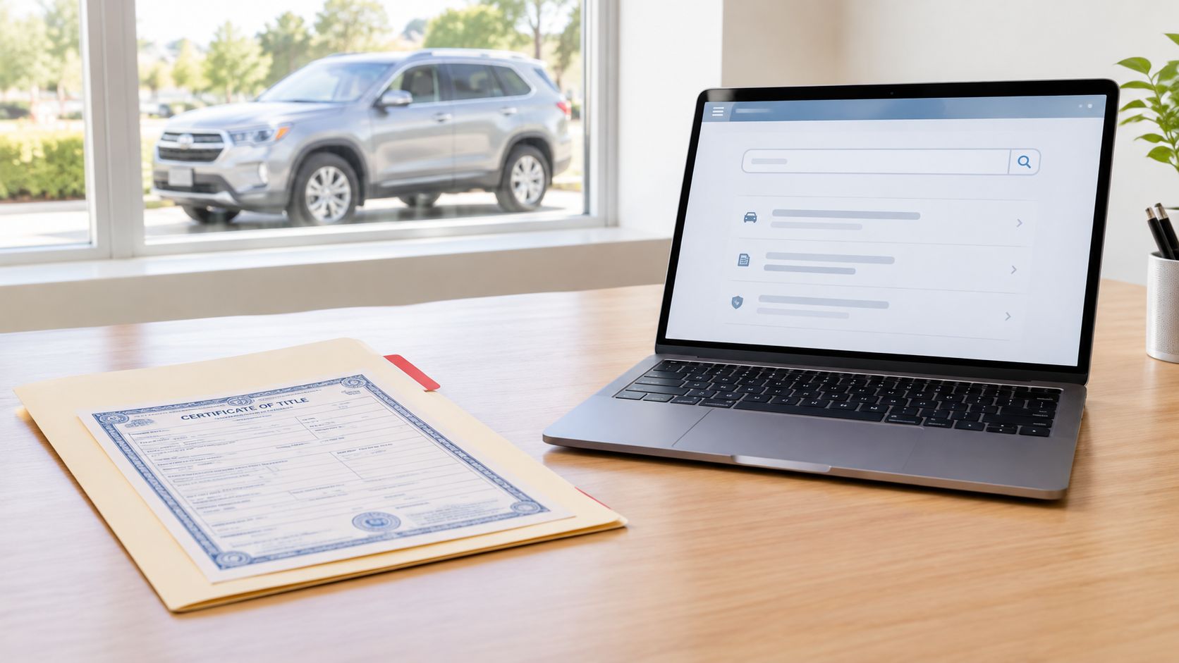 A certificate of title document lies on a desk next to a laptop displaying a vehicle website.