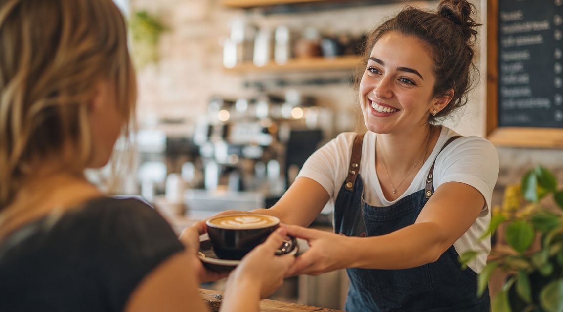 A smiling barista hands a cup of coffee with latte art to a customer in a cafe.