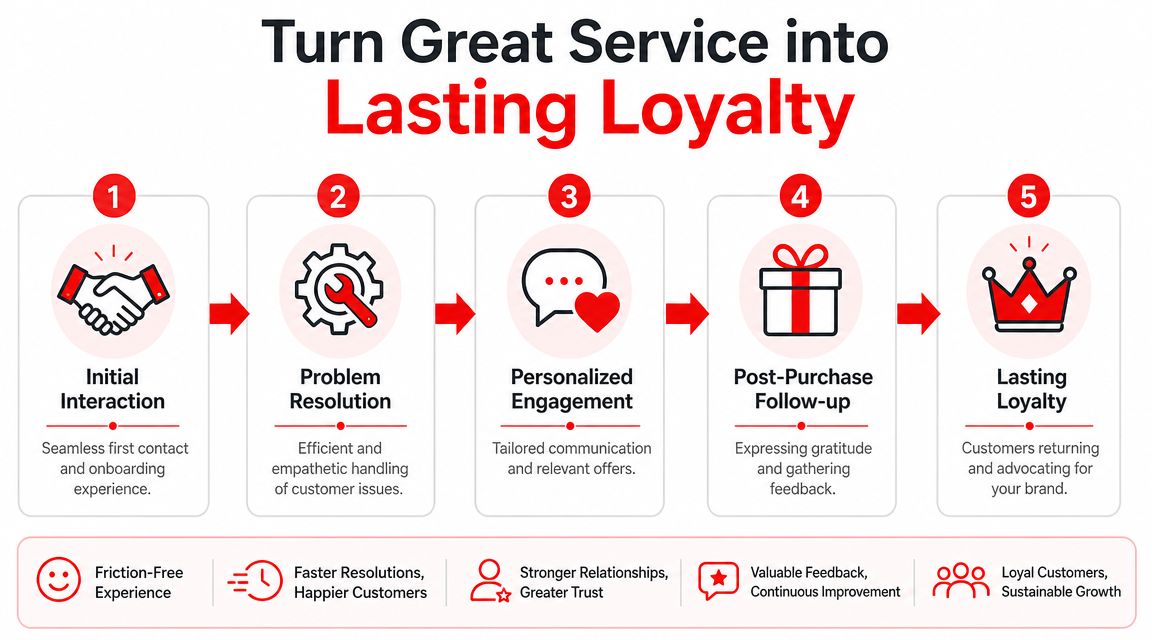 A five-step infographic showing how businesses can build lasting customer loyalty through exceptional service and engagement.