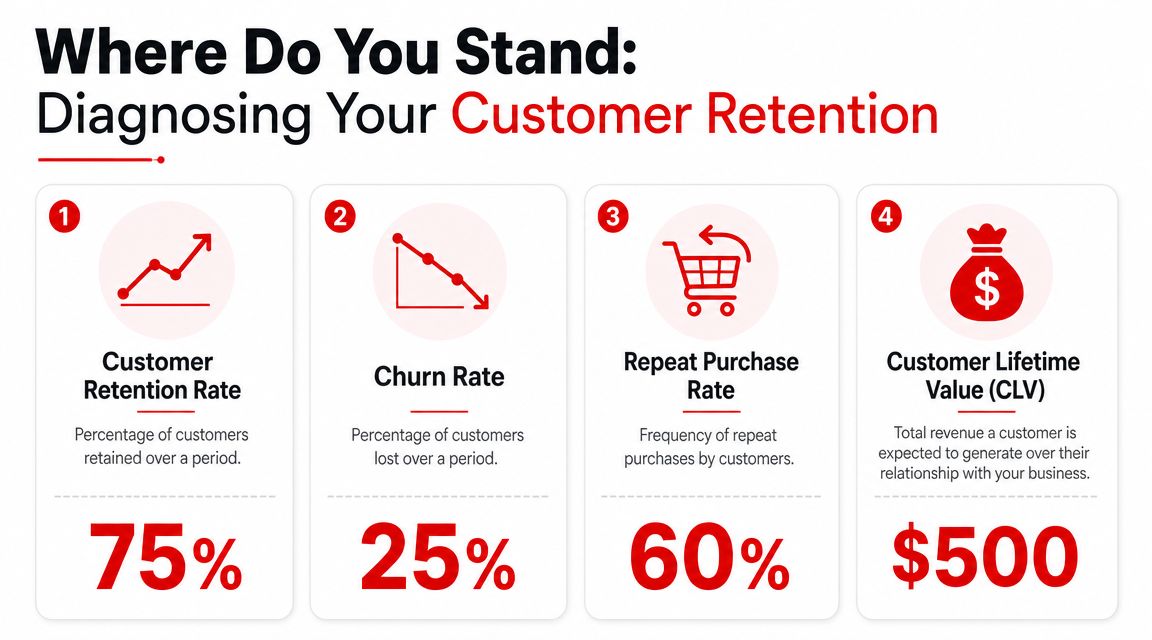 An infographic displaying four key metrics for customer retention including retention rate, churn rate, repeat purchase rate, and CLV.