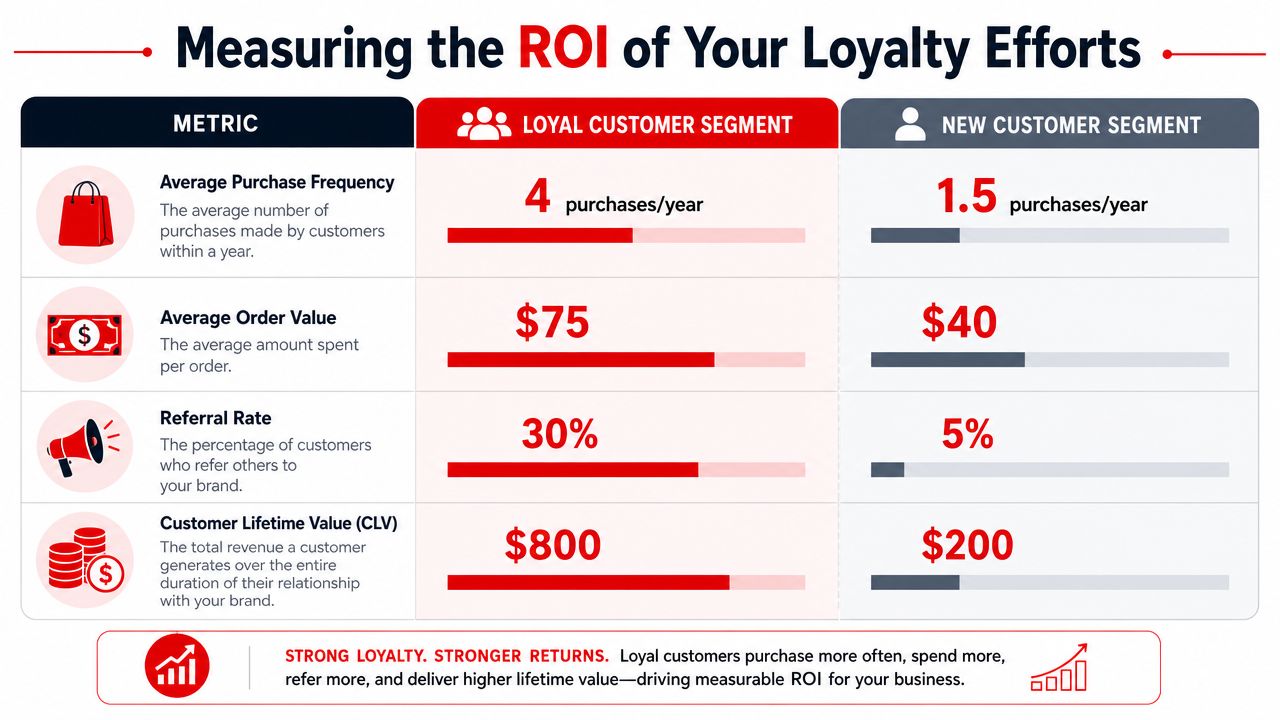 A comparison chart showing how loyal customers generate higher revenue and engagement than new customer segments.
