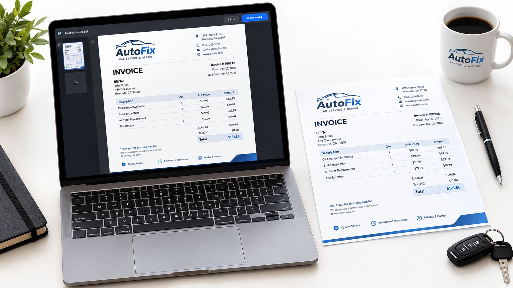 A laptop and a printed invoice document for car service repair displayed on a clean desk workspace.