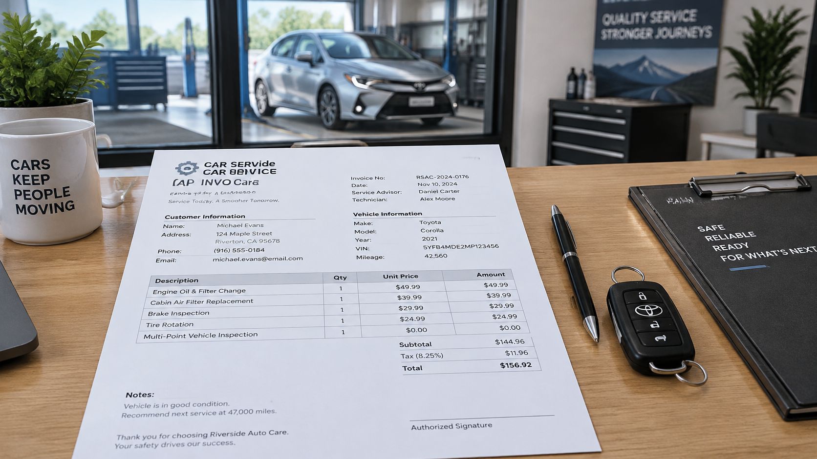 A professional car service invoice document lies on a desk next to a Toyota key fob and a pen.