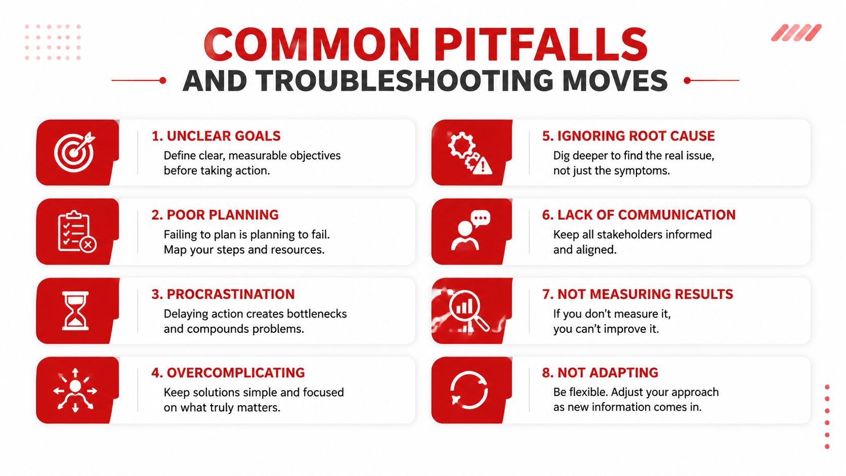 An infographic titled Common Pitfalls and Troubleshooting Moves listing eight common professional challenges and their solutions.
