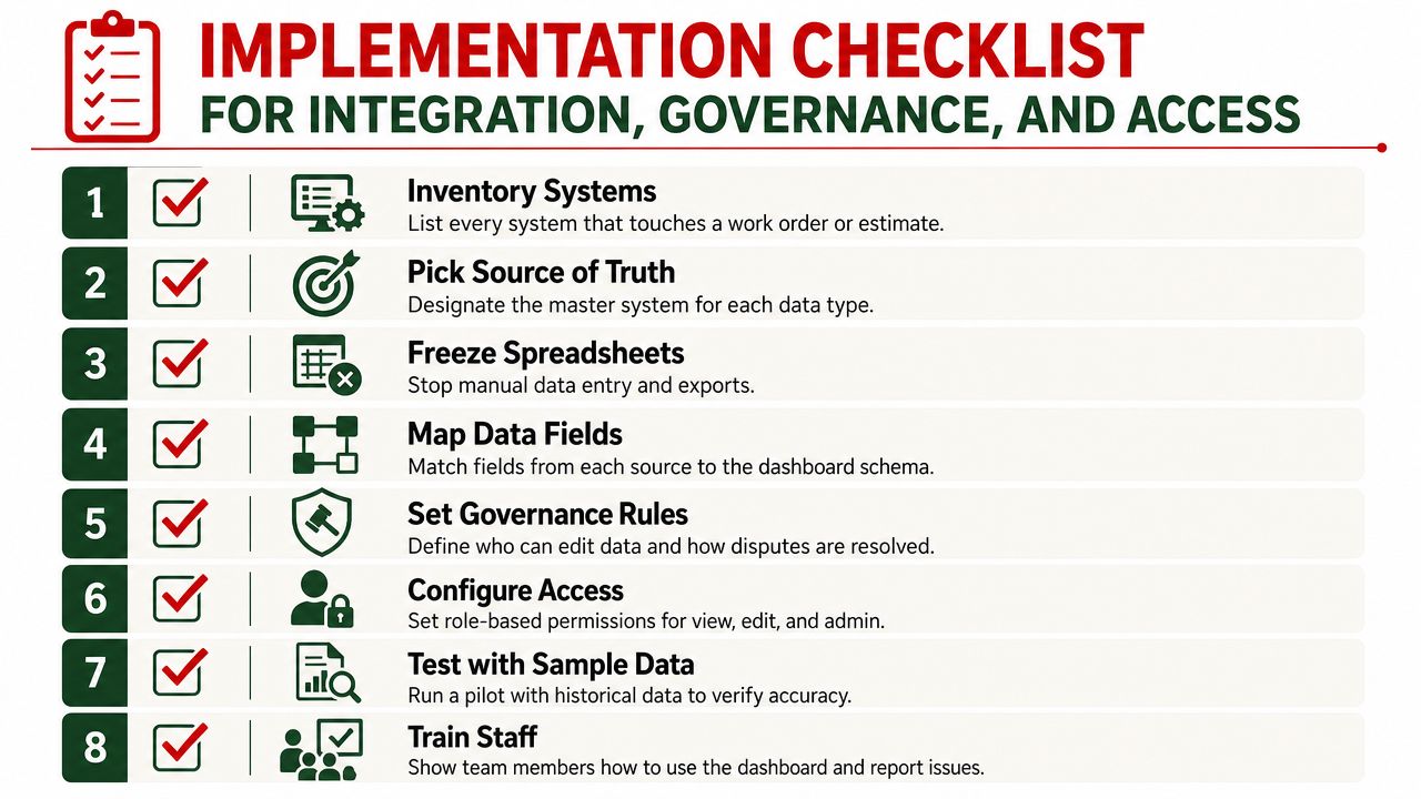 An eight-step implementation checklist for data integration, governance, and access, displayed with icons and descriptions.
