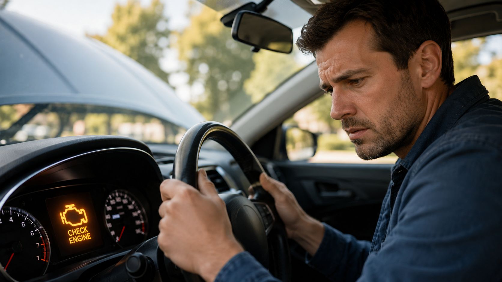 A concerned driver looking at his vehicle dashboard showing a glowing yellow check engine warning light.