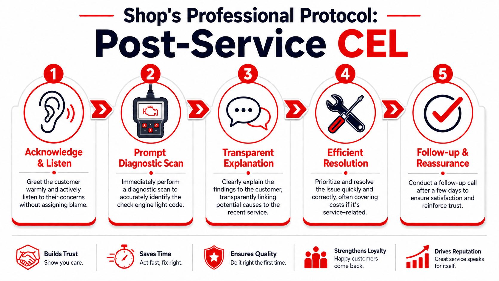 A professional five-step infographic guide for handling a post-service check engine light with customers effectively.