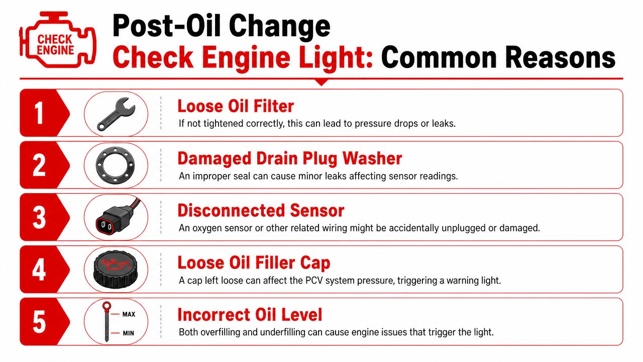 An infographic showing five common reasons why a check engine light appears after an oil change.