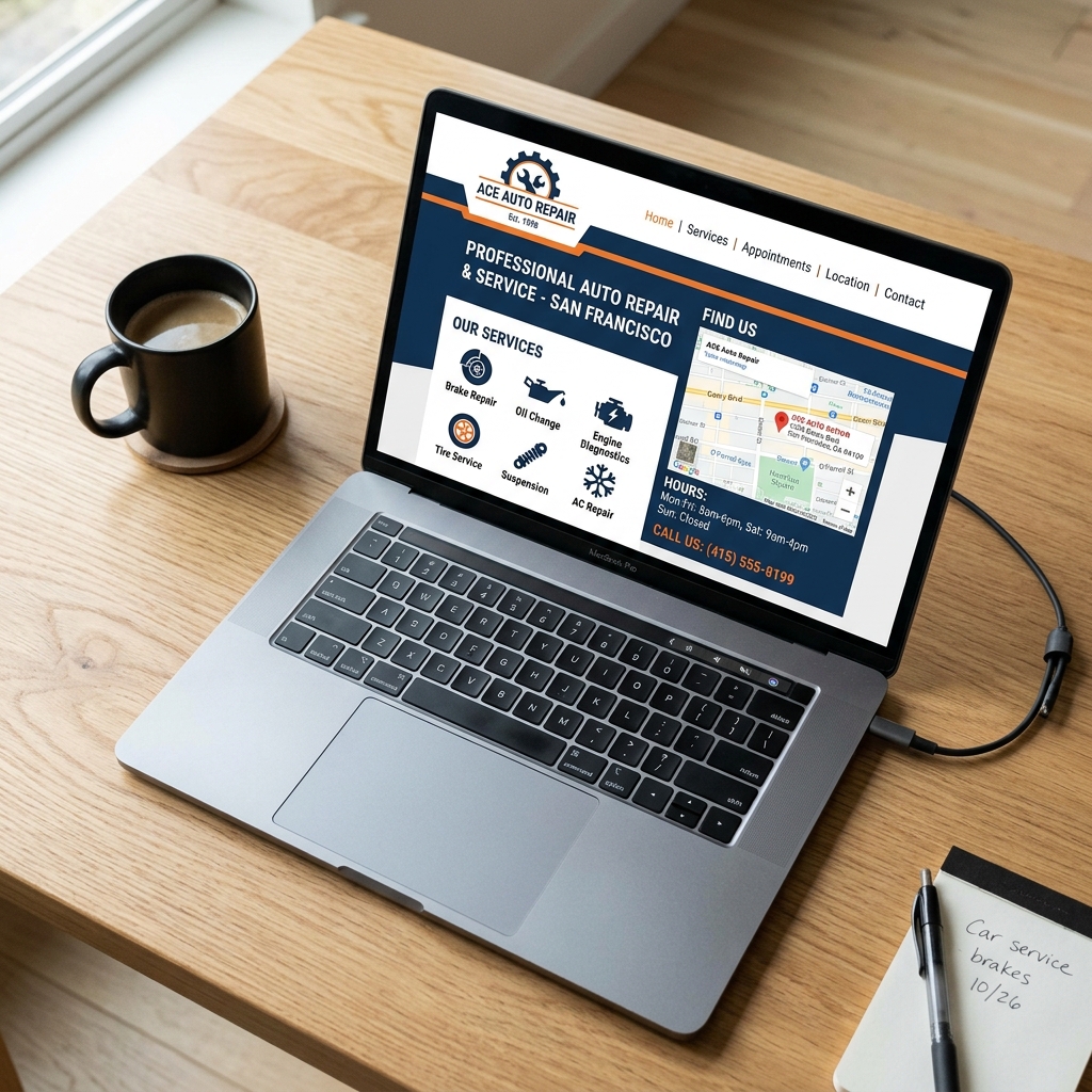 Christian Brothers Automotive franchise location webpage displayed on a laptop showing local shop address, phone, hours, and services
