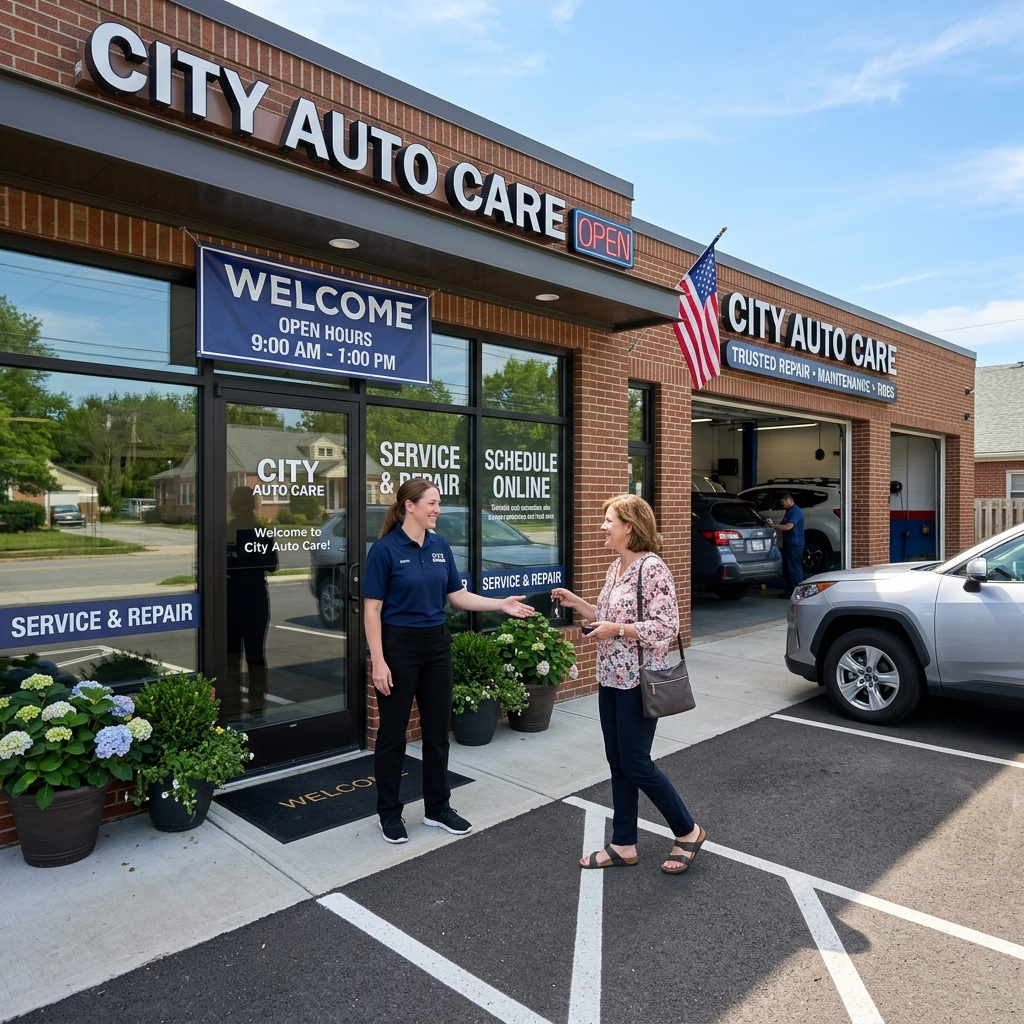 Christian Brothers Automotive shop exterior with welcoming signage, clean parking lot, and friendly staff greeting a first-time customer