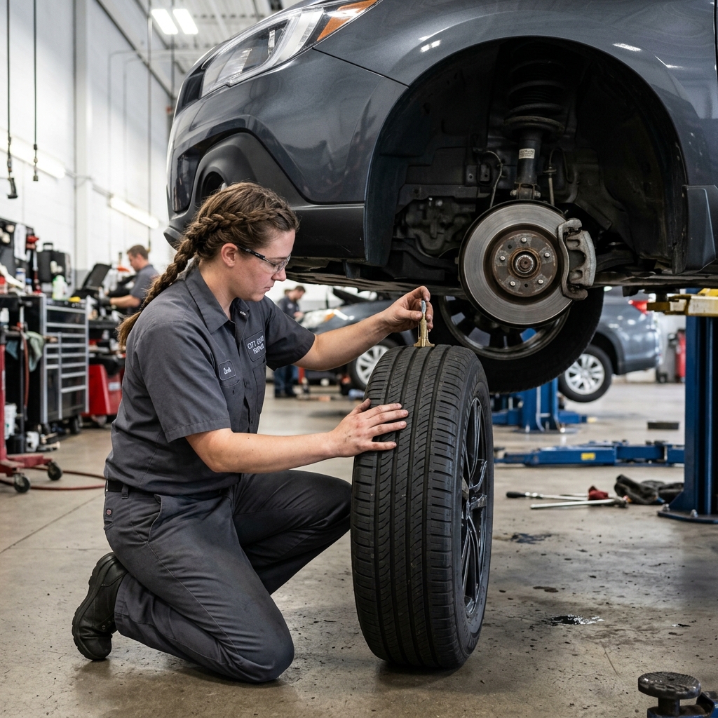 Close-up of a mechanic checking tire tread depth with a gauge on a car in an auto repair shop.