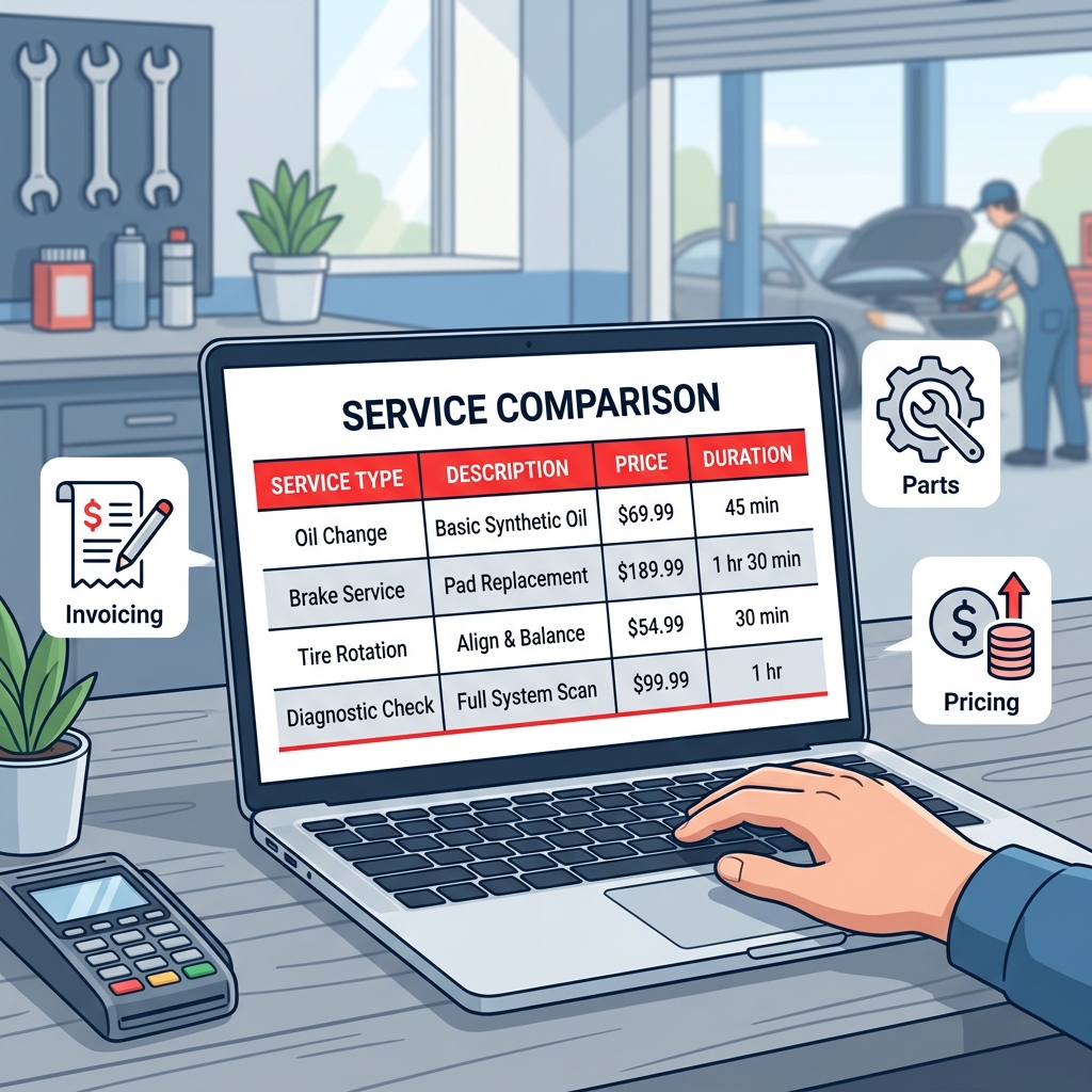 comparison chart concept showing auto repair invoice software options on a laptop screen in a modern auto shop office