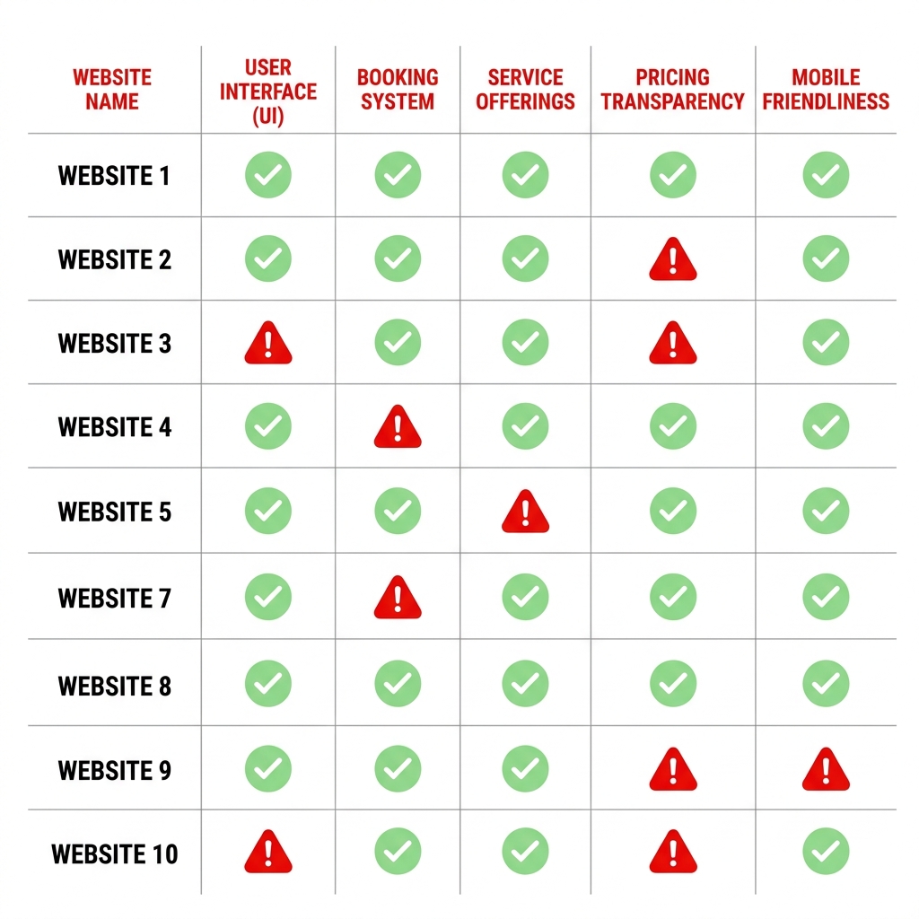 Comparison chart of auto shop websites showing mobile-friendly, online booking, and trust signal ratings across ten shops.