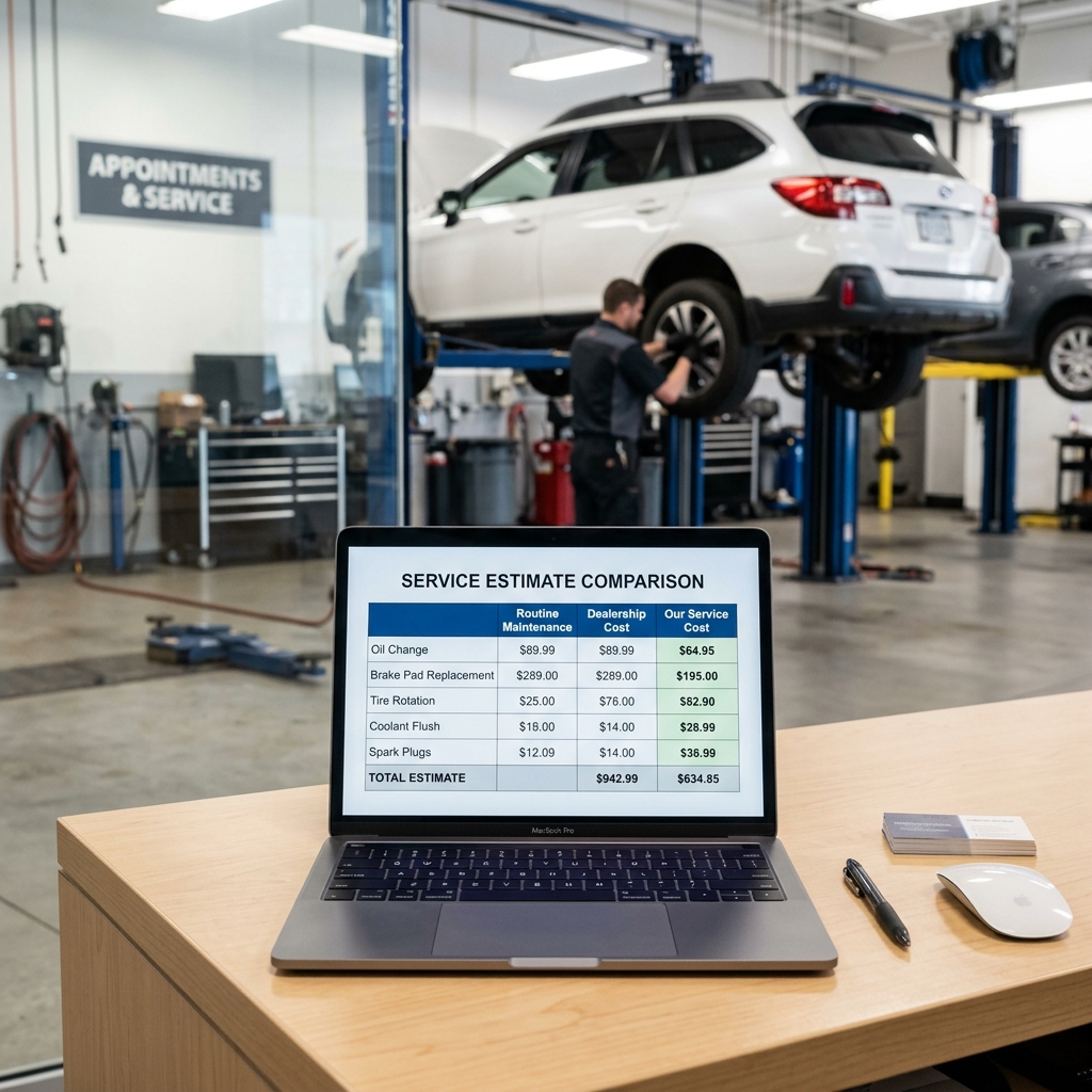 Comparison chart of automotive repair websites displayed on a laptop screen in a bright modern auto shop office
