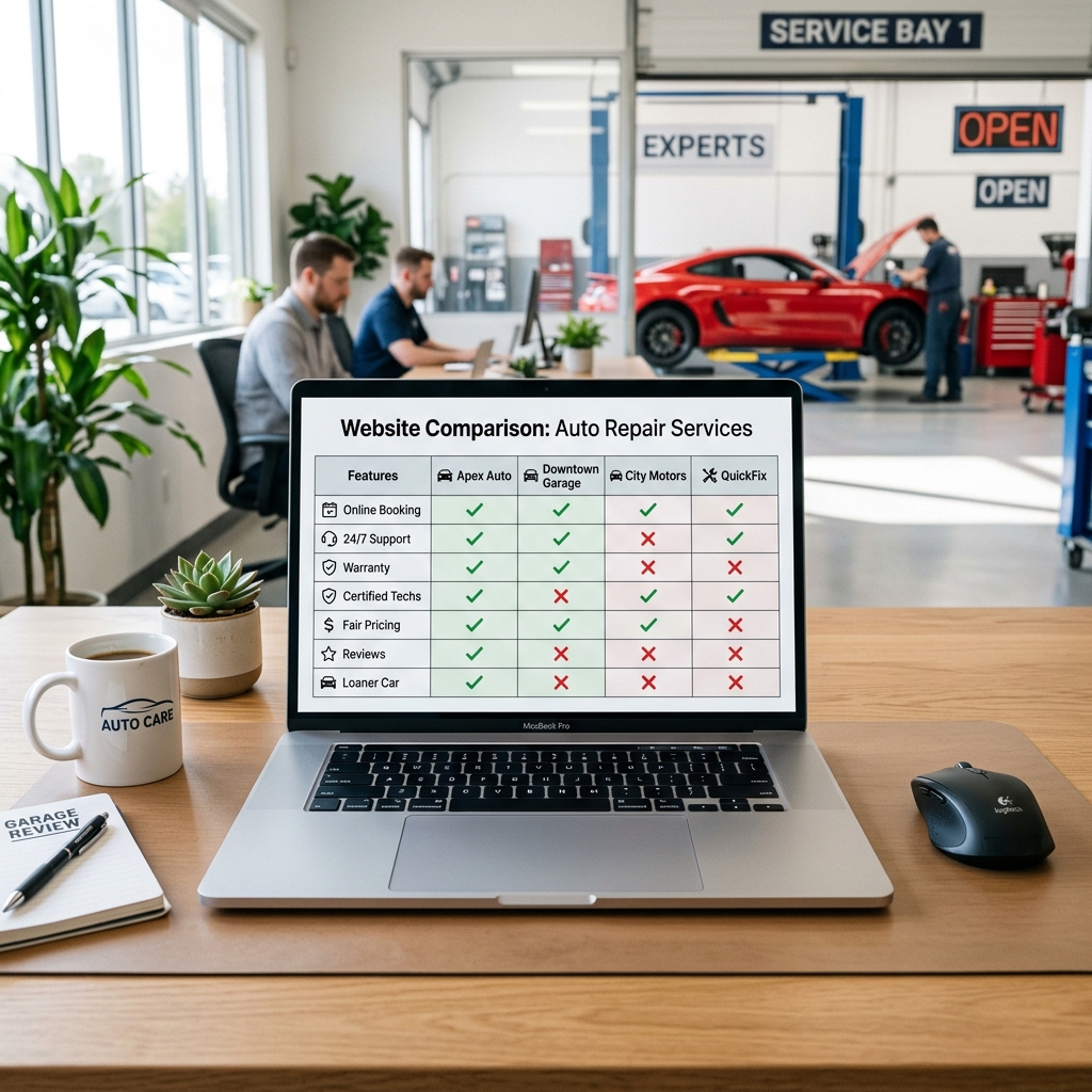 Comparison chart of seven auto repair shop websites displayed on a laptop screen in a modern office setting.