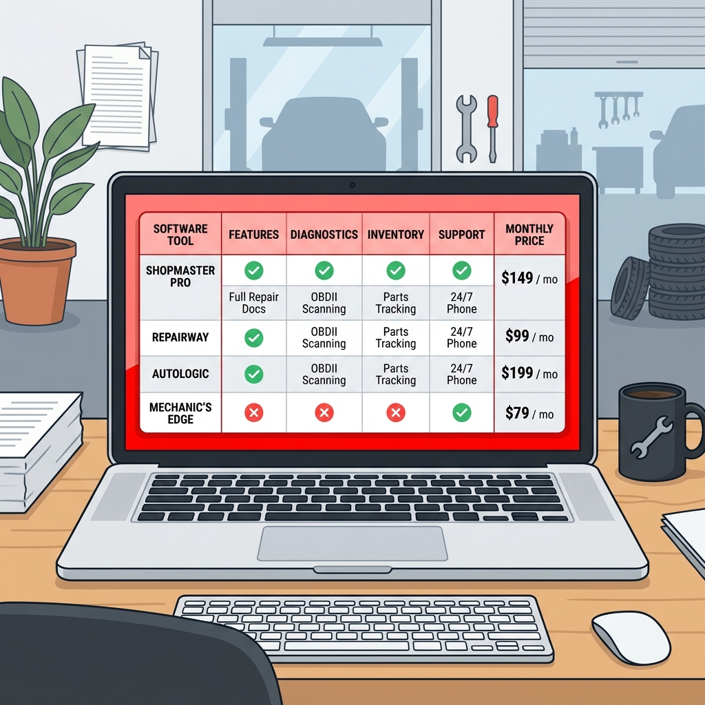 comparison chart of top auto shop invoice software tools displayed on a laptop screen in an auto repair office