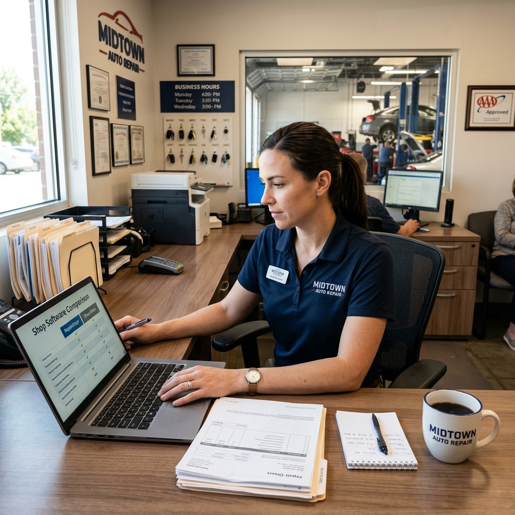 Comparison of automotive shop invoice software tools displayed on a laptop screen in a busy auto repair office.
