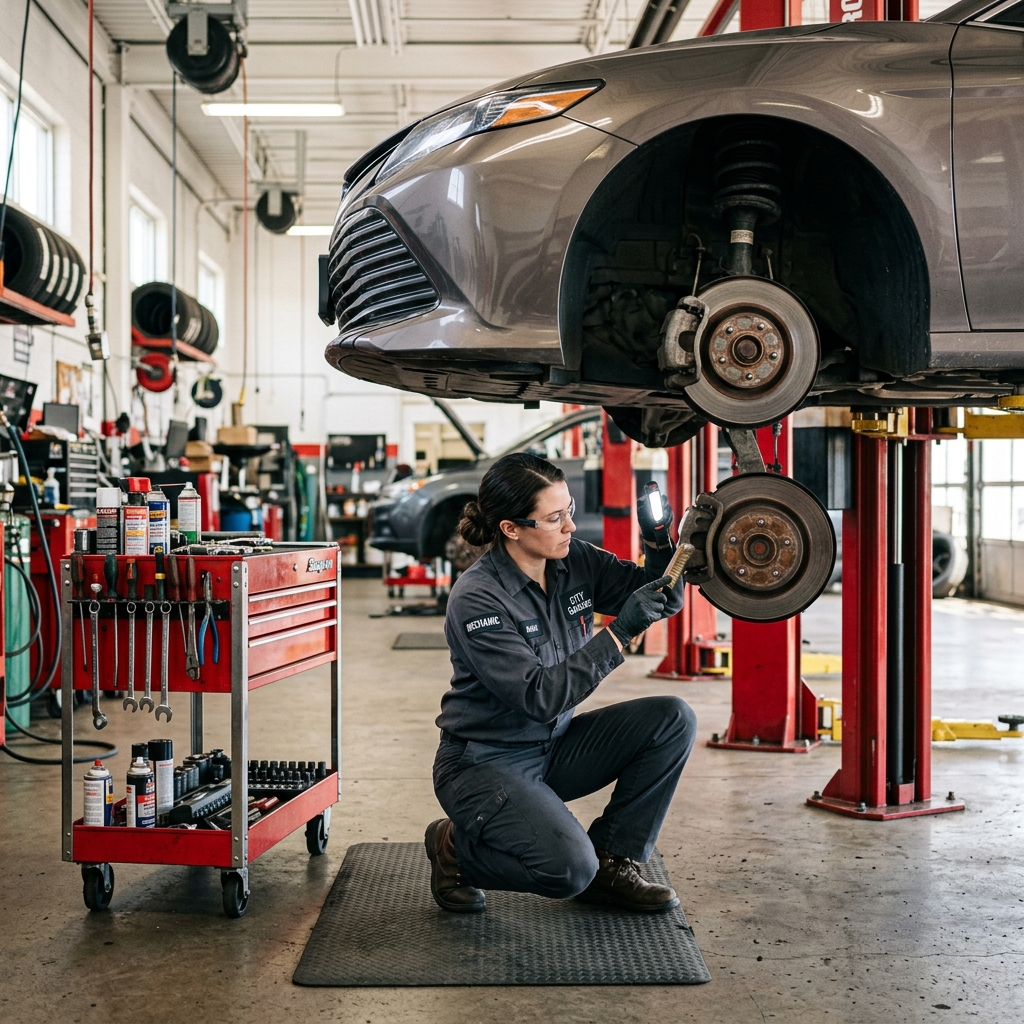 Complete car inspection checklist showing a mechanic inspecting brake components on a lifted vehicle in a professional auto repair shop.
