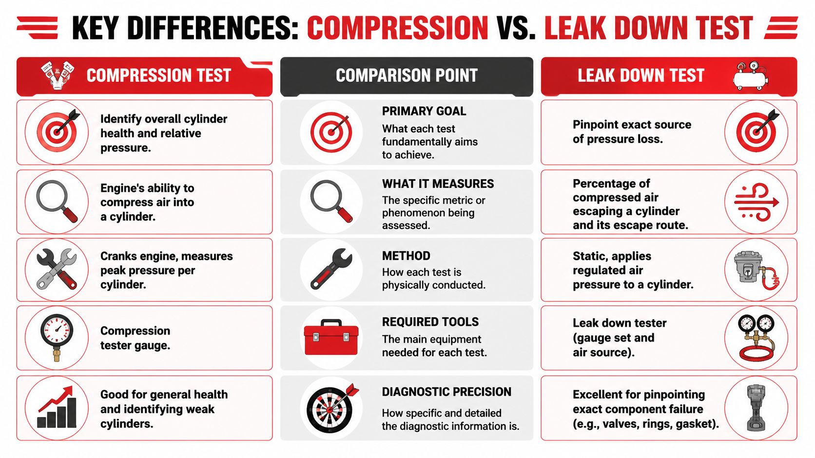 A comparison chart outlining the key differences between engine compression tests and leak down tests for diagnostics.