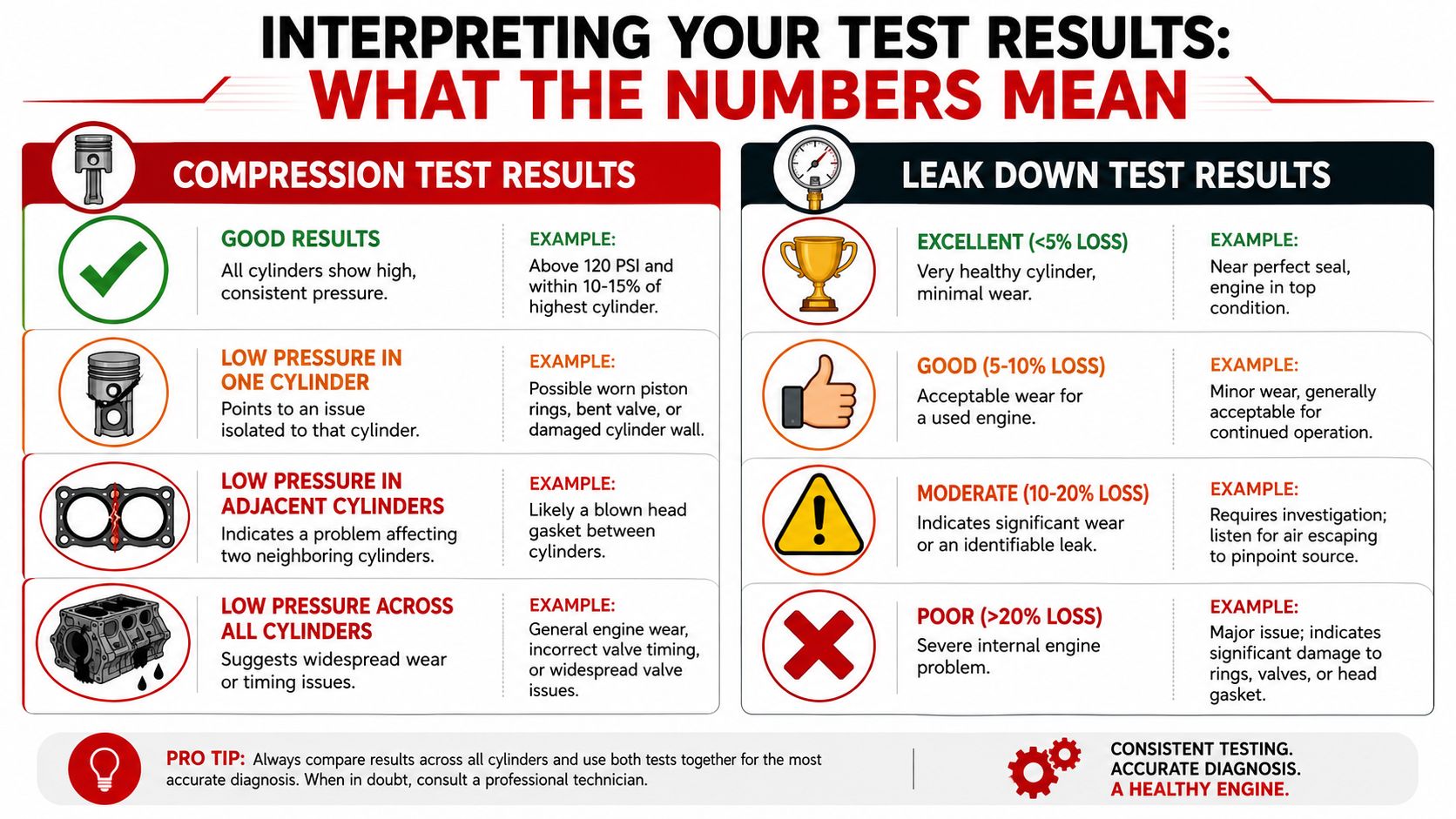 A diagnostic chart illustrating how to interpret engine compression test and leak down test results.